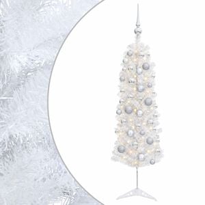 vidaXL Sztuczna wąska choinka z bombkami 150 cm 150 LED Ciepła biel