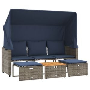 vidaXL Sofa ogrodowa 3-osobowa z baldachimem i stołkami, szary, polirattan