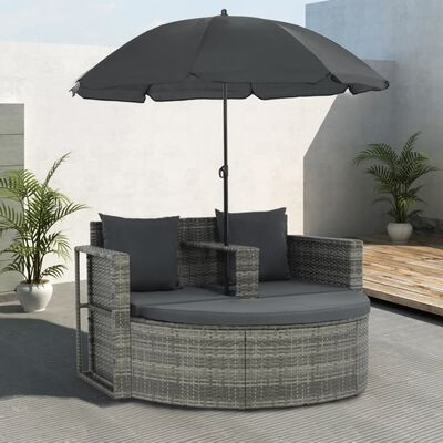 vidaXL 2-osobowa sofa z poduszkami i parasolem, polirattan, szara