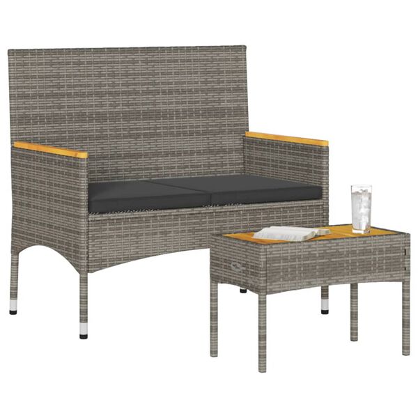 vidaXL Ogrodowa ławka 2-os. z poduszkami i stolikiem, szary polirattan