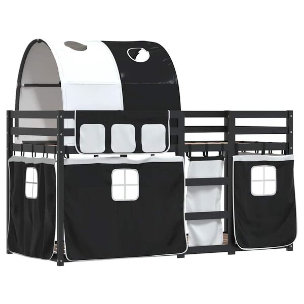 vidaXL Ł&oacute;żko piętrowe z zasłonkami, biało-czarne, 90x190 cm, sosnowe