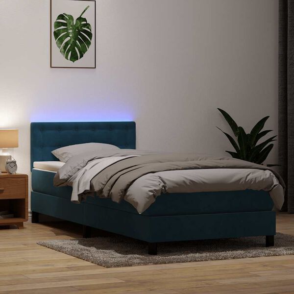 vidaXL Ł&oacute;żko kontynentalne z materacem i LED, niebieskie, aksamit, 100x210cm