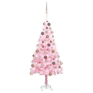 vidaXL Sztuczna choinka z lampkami i bombkami, r&oacute;żowa, 120 cm, PVC