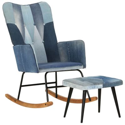 vidaXL Fotel bujany z podnóżkiem, niebieski, jeansowy patchwork
