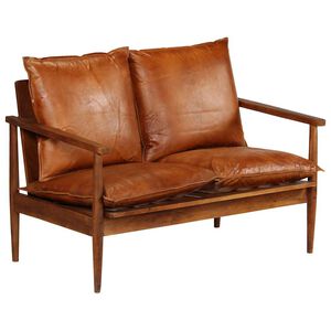 vidaXL 2-osobowa sofa z prawdziwej sk&oacute;ry i drewna akacjowego, brązowa
