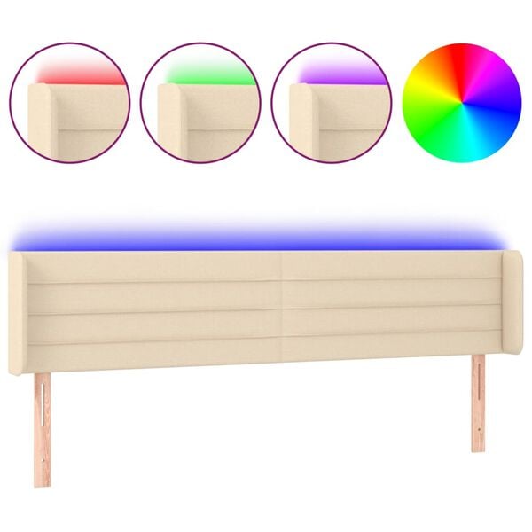 vidaXL Zagł&oacute;wek do ł&oacute;żka z LED, kremowy, 203x16x78/88 cm, tkanina
