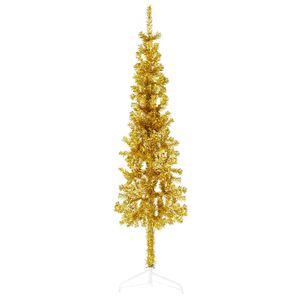 vidaXL Smukła choinka poł&oacute;wka ze stojakiem, sztuczna, złota, 150 cm