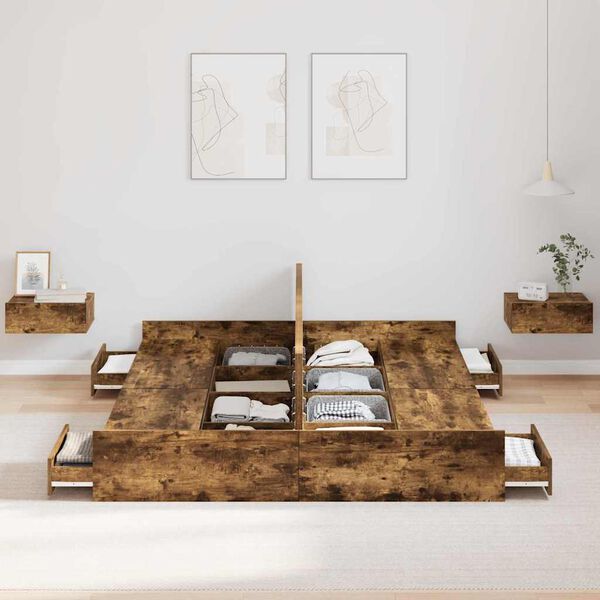 vidaXL Rama łóżka z miejscem na przechowywanie z szufladą Dąb wędzony