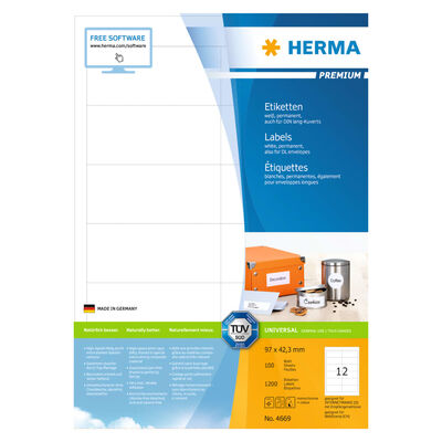 HERMA Etykiety samoprzylepne PREMIUM, 97x42,3 mm, 100 arkuszy A4
