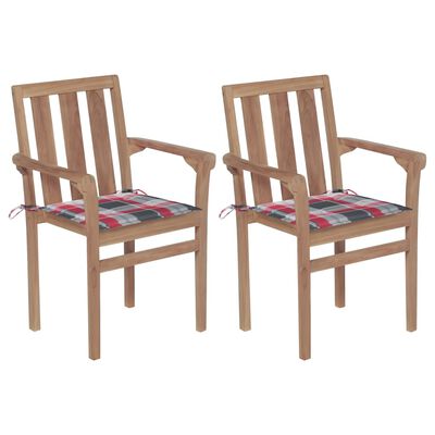 vidaXL Krzesła ogrodowe, 2 szt., z poduszkami w czerwoną kratę, tekowe