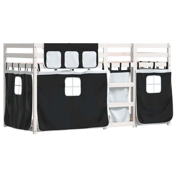 vidaXL Ł&oacute;żko piętrowe z zasłonkami, biało-czarne, 80x200 cm, sosnowe