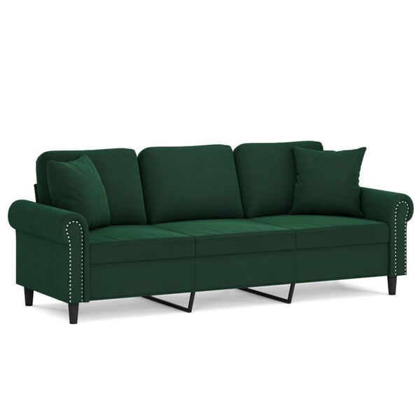 vidaXL 3-osobowa sofa z poduszkami, ciemnozielona, 180 cm, aksamit