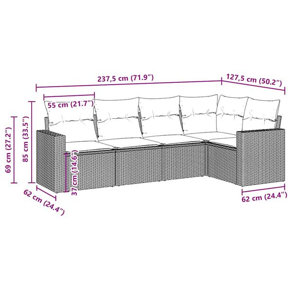vidaXL 5-cz. zestaw mebli ogrodowych z poduszkami, brązowy, polirattan