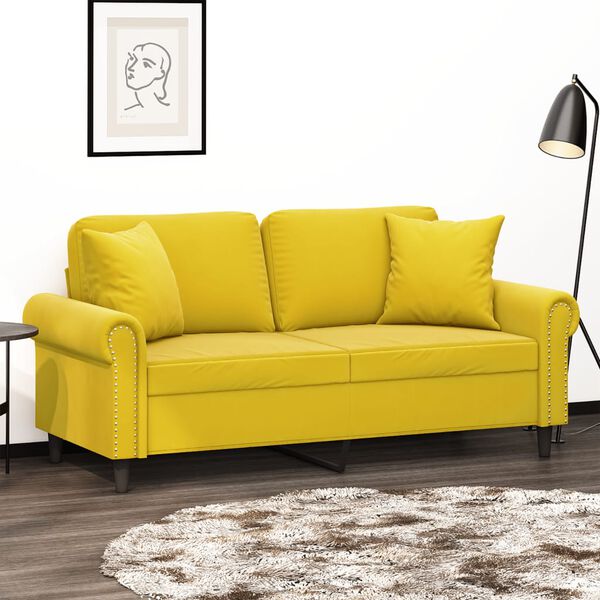 vidaXL 2-osobowa sofa z poduszkami, żółta, 140 cm, aksamit