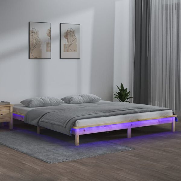 vidaXL Rama ł&oacute;żka z LED, szara, 135x190 cm, podw&oacute;jna, lite drewno