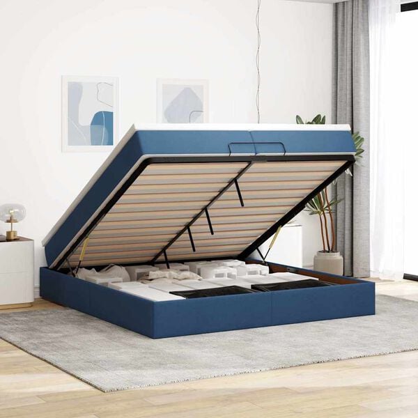 vidaXL Rama ł&oacute;żka otomana z materacami, niebieska, 200x200 cm, tkanina