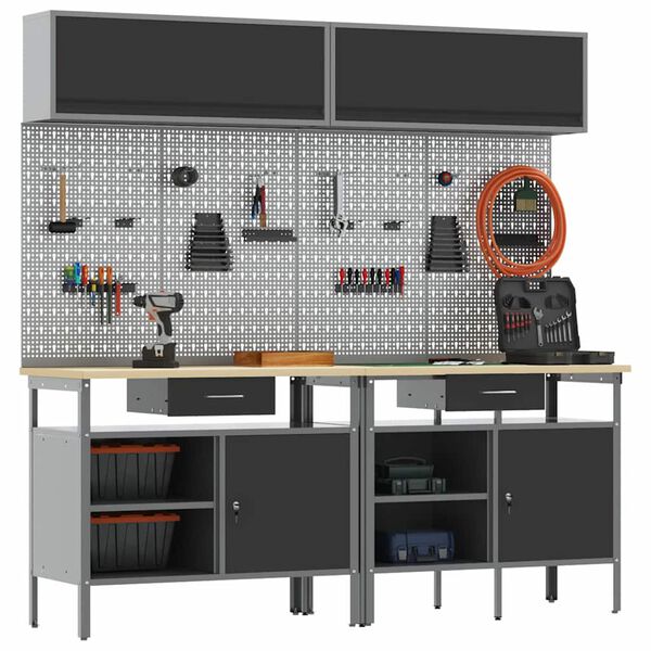 vidaXL Zestaw stołu warsztatowego 8 pcs Czarny 200 x 55 x 200 cm Stal