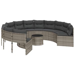 vidaXL Sofa ogrodowa, stolik i poduszki, okrągła, szary polirattan