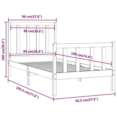 vidaXL Rama łóżka, szara, lite drewno, 90x190 cm, pojedyncza