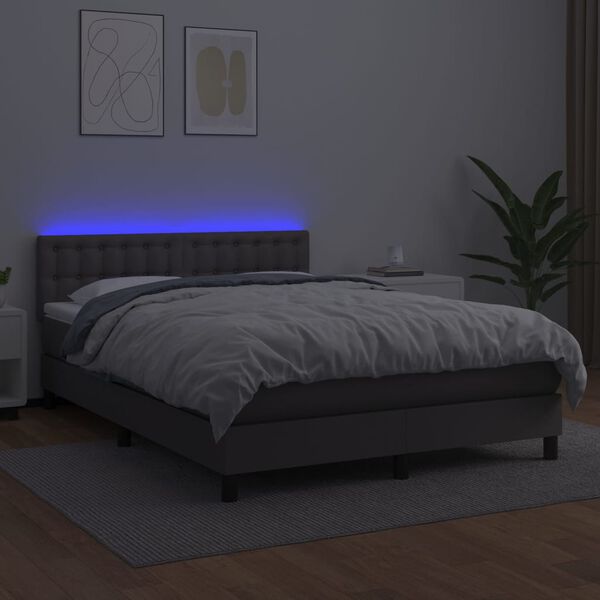 vidaXL Ł&oacute;żko kontynentalne z materacem i LED, szara ekosk&oacute;ra 140x190cm