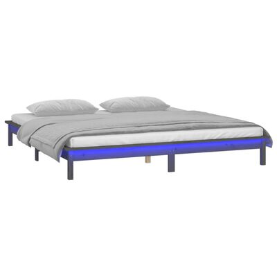 vidaXL Rama łóżka z LED, szara, 140x190 cm, lite drewno