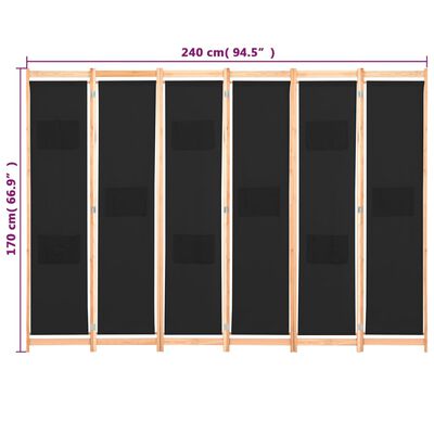 vidaXL Parawan 6-panelowy, czarny, 240 x 170 x 4 cm, tkanina