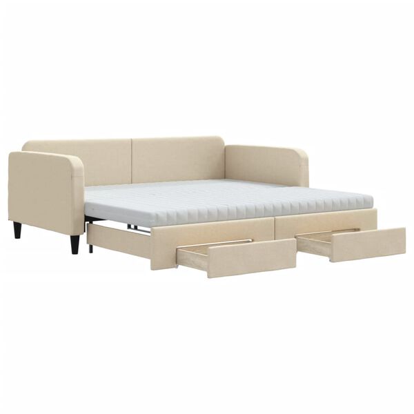 vidaXL Sofa rozsuwana z szufladami, kremowa, 100x200 cm, tkanina