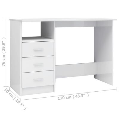 vidaXL Biurko z szufladami, wysoki połysk, białe, 110x50x76 cm