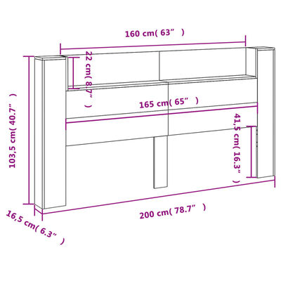 vidaXL Zagłówek z półką i LED, szarość betonu, 200x16,5x103,5 cm