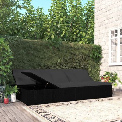vidaXL Rozkładane łóżko ogrodowe z poduszkami, polirattan, czarne