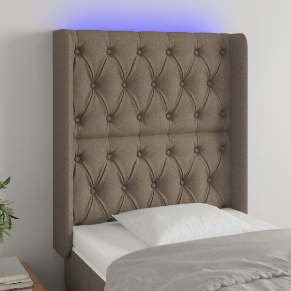 vidaXL Zagł&oacute;wek do ł&oacute;żka z LED, taupe, 83x16x118/128 cm, tkanina