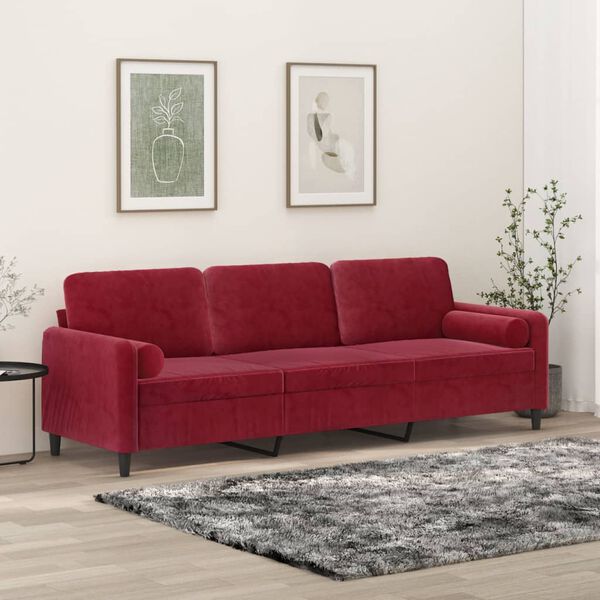 vidaXL 3-osobowa sofa z poduszkami, bordowa, 210 cm, aksamit