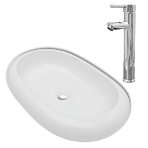 vidaXL Umywalka z baterią mieszającą, ceramiczna, owalna, biała