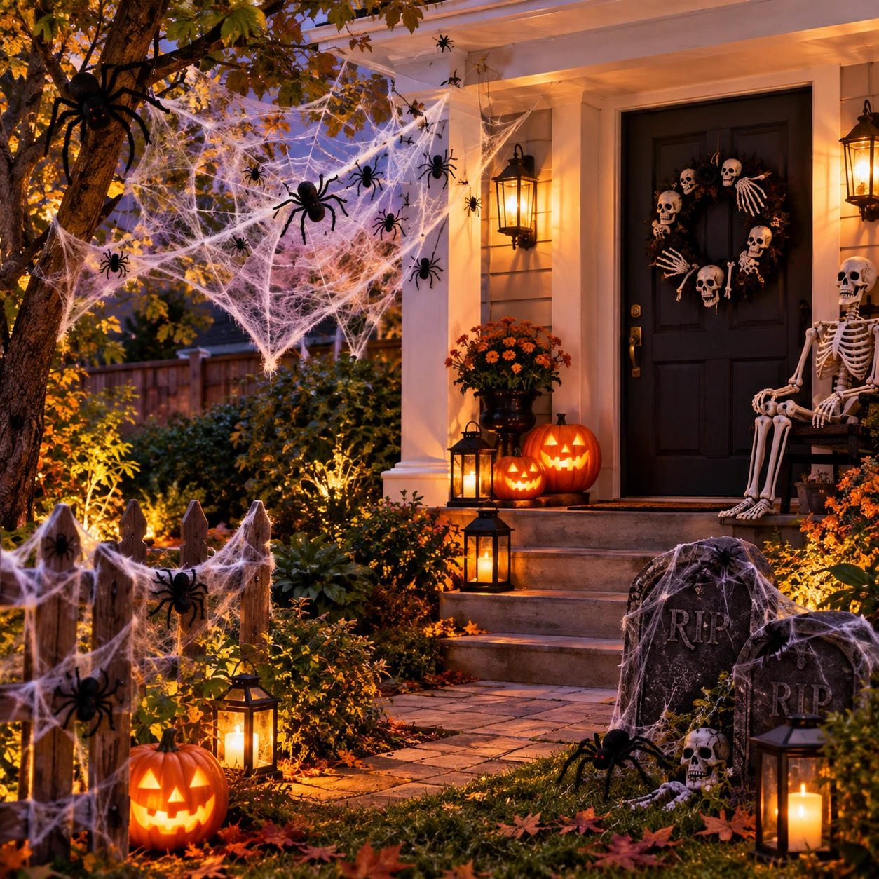 Ganek i ogród na Halloween z pajęczynami, pająkami i szkieletem