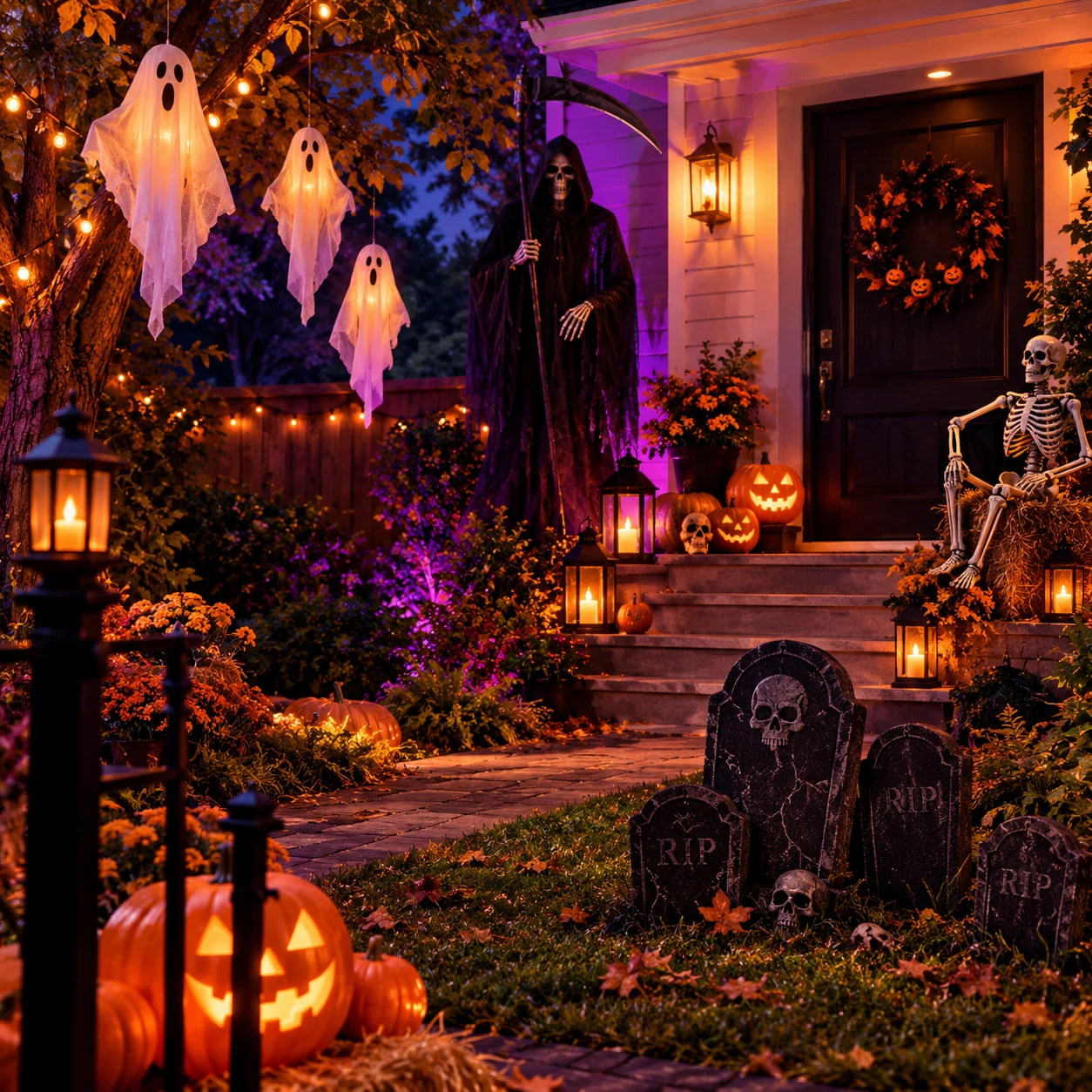 Ogród na Halloween z wiszącymi duchami i ponurym żniwiarzem