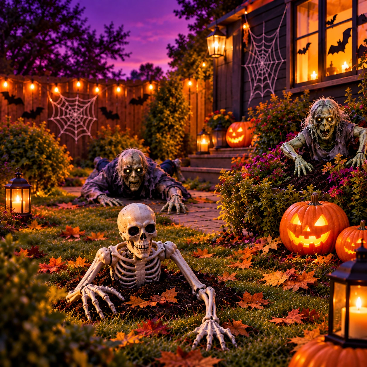 Ogród na Halloween ze szkieletem, zombie i świecącymi dyniami