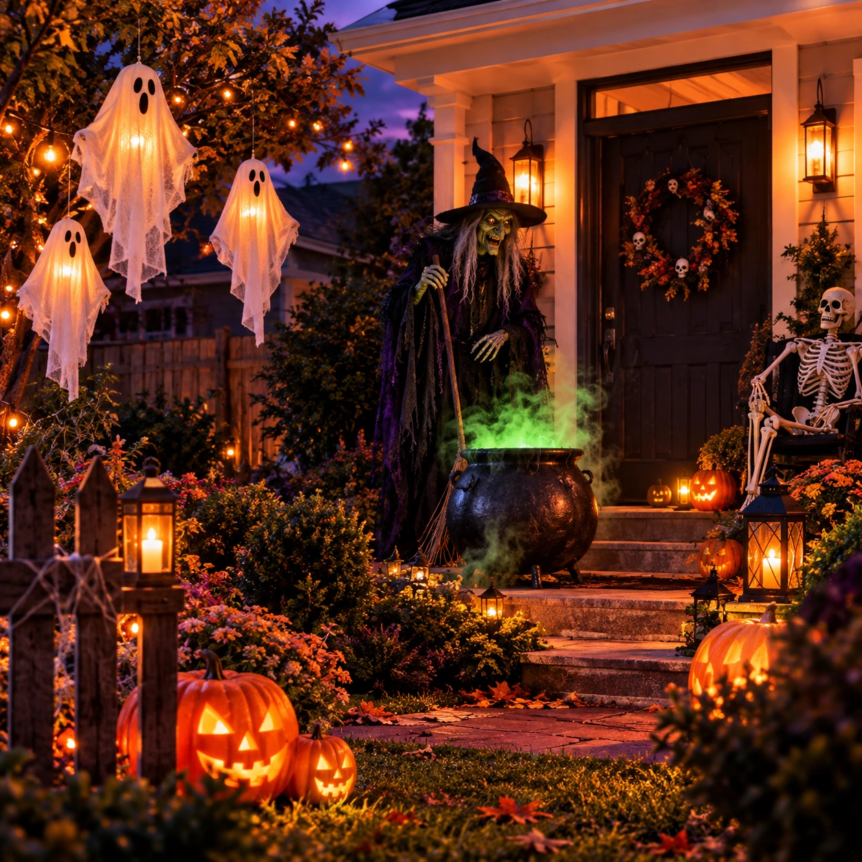 Ganek na Halloween z czarownicą, duchami i świecącymi dyniami