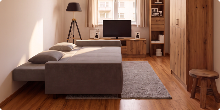 Szara sofa rozkładana pokazana jako sofa oraz jako w pełni rozłożone łóżko w nowoczesnym wnętrzu mieszkania.