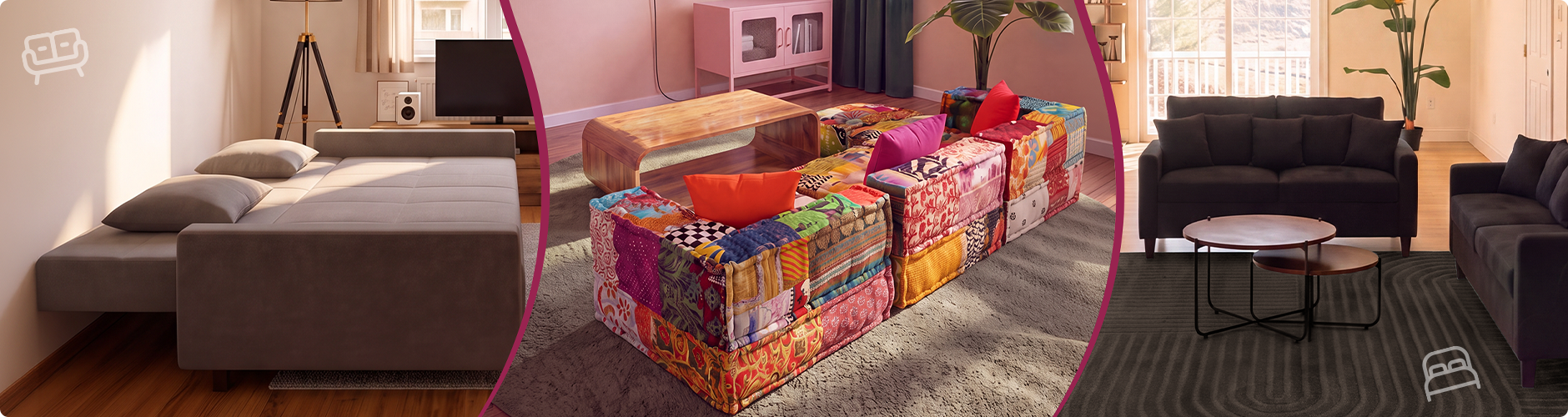 Kolaż z trzema stylami sof: nowoczesny salon z ciemnymi sofami, kolorowa patchworkowa sofa modułowa wokół stolika kawowego oraz szara sofa rozkładana po pełnym rozłożeniu. Kliknij, aby zobaczyć kolekcję sof.