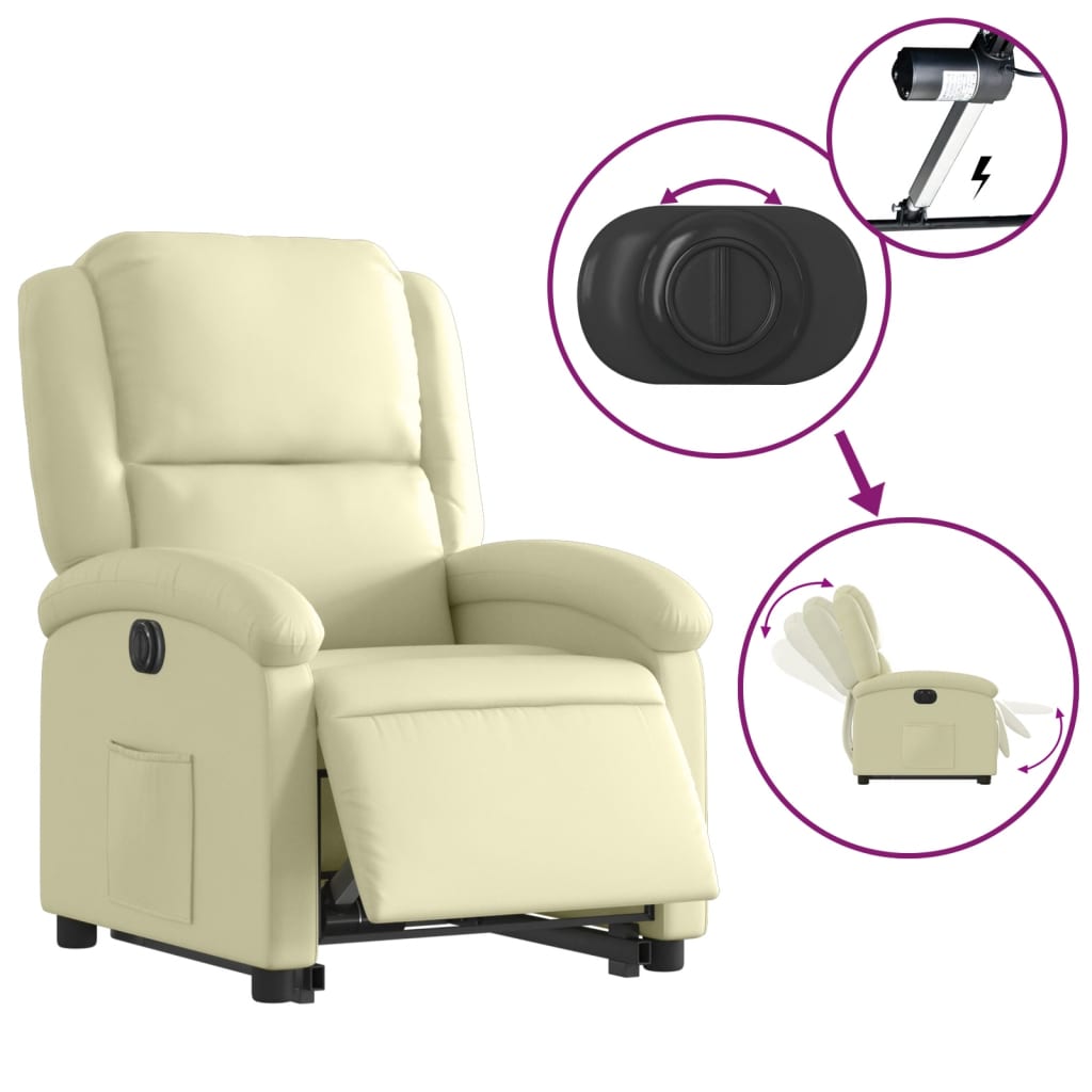 vidaXL Podnoszony fotel rozkładany, kremowy, skóra naturalna