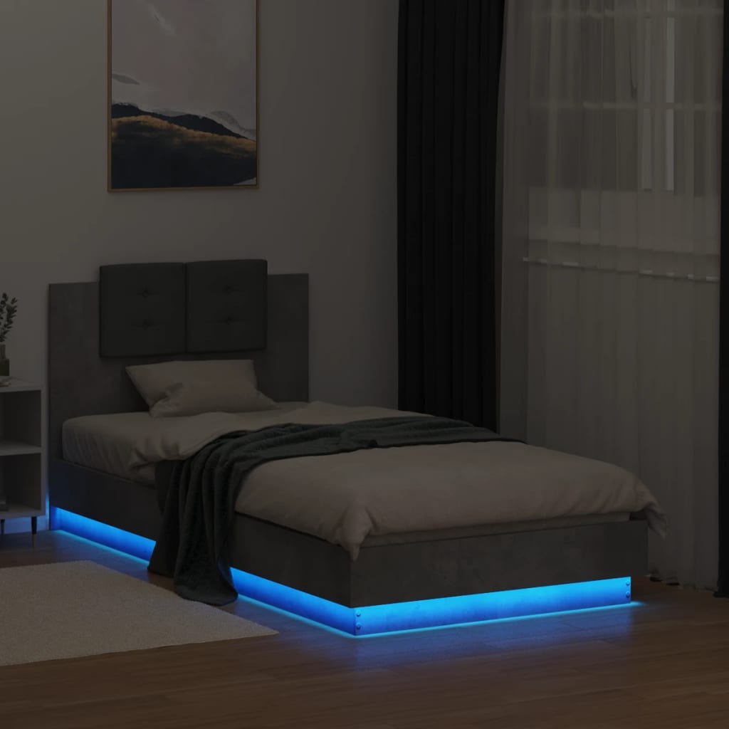vidaXL Rama łóżka z wezgłowiem i LED, szarość betonu, 90x190 cm