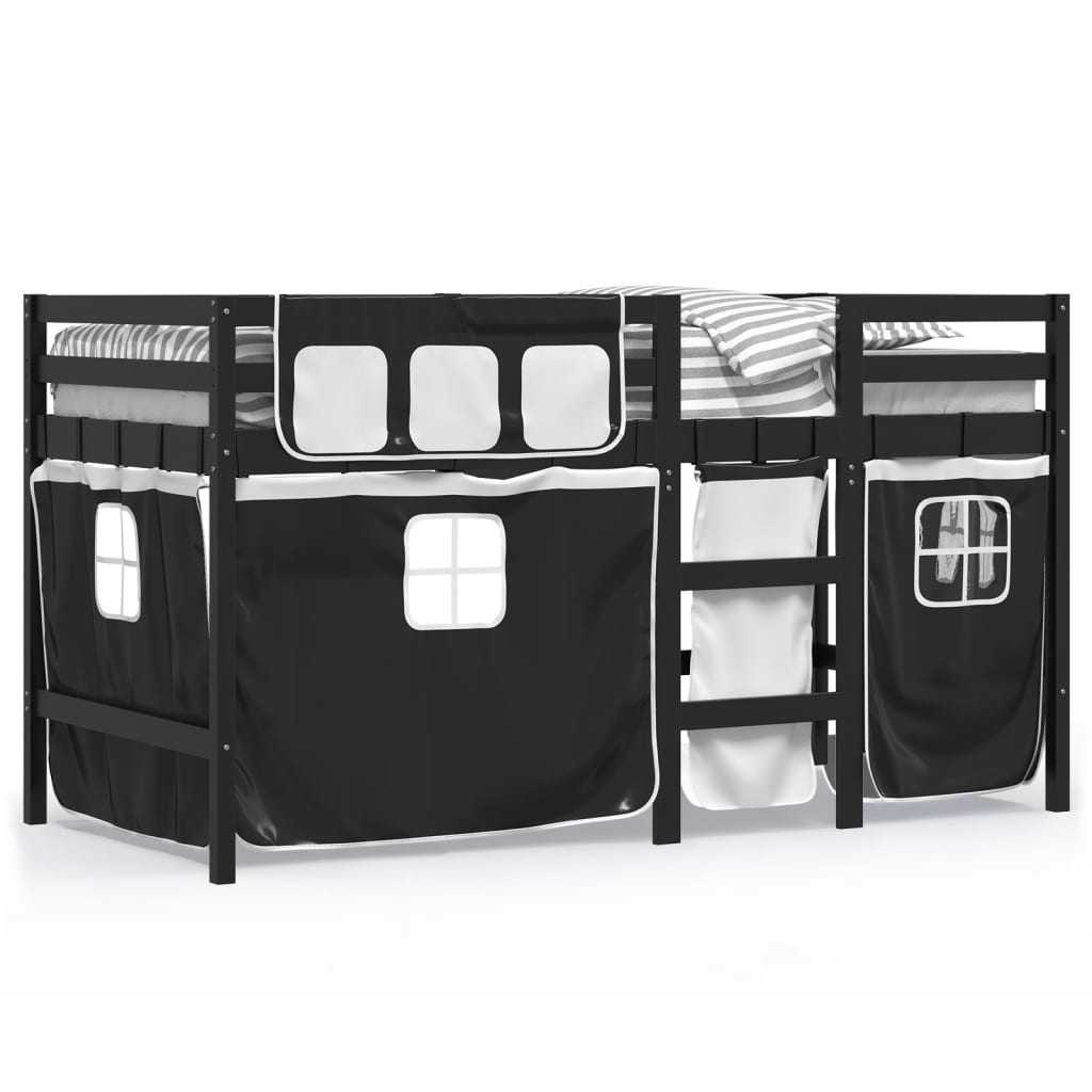 vidaXL Dziecięce łóżko na antresoli, czarno-białe zasłonki, 90x200 cm