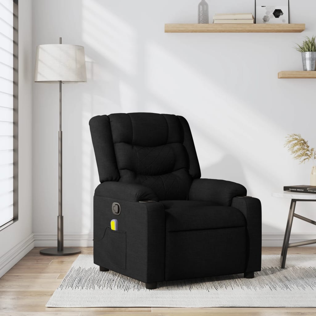 vidaXL Rozkładany fotel masujący, czarny, obity tkaniną