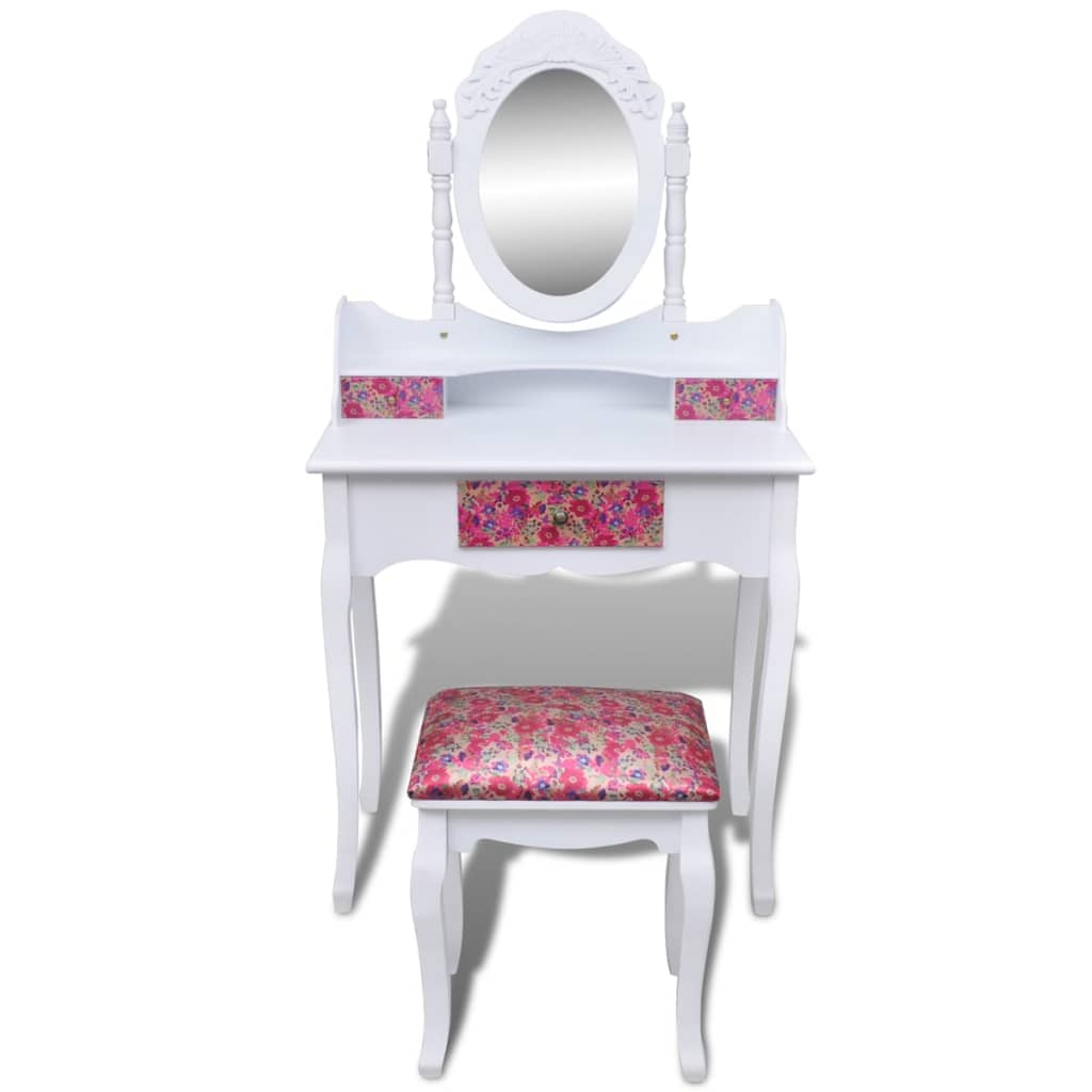 vidaXL Toaletka z lustrem i stołkiem, wzór w kwiaty