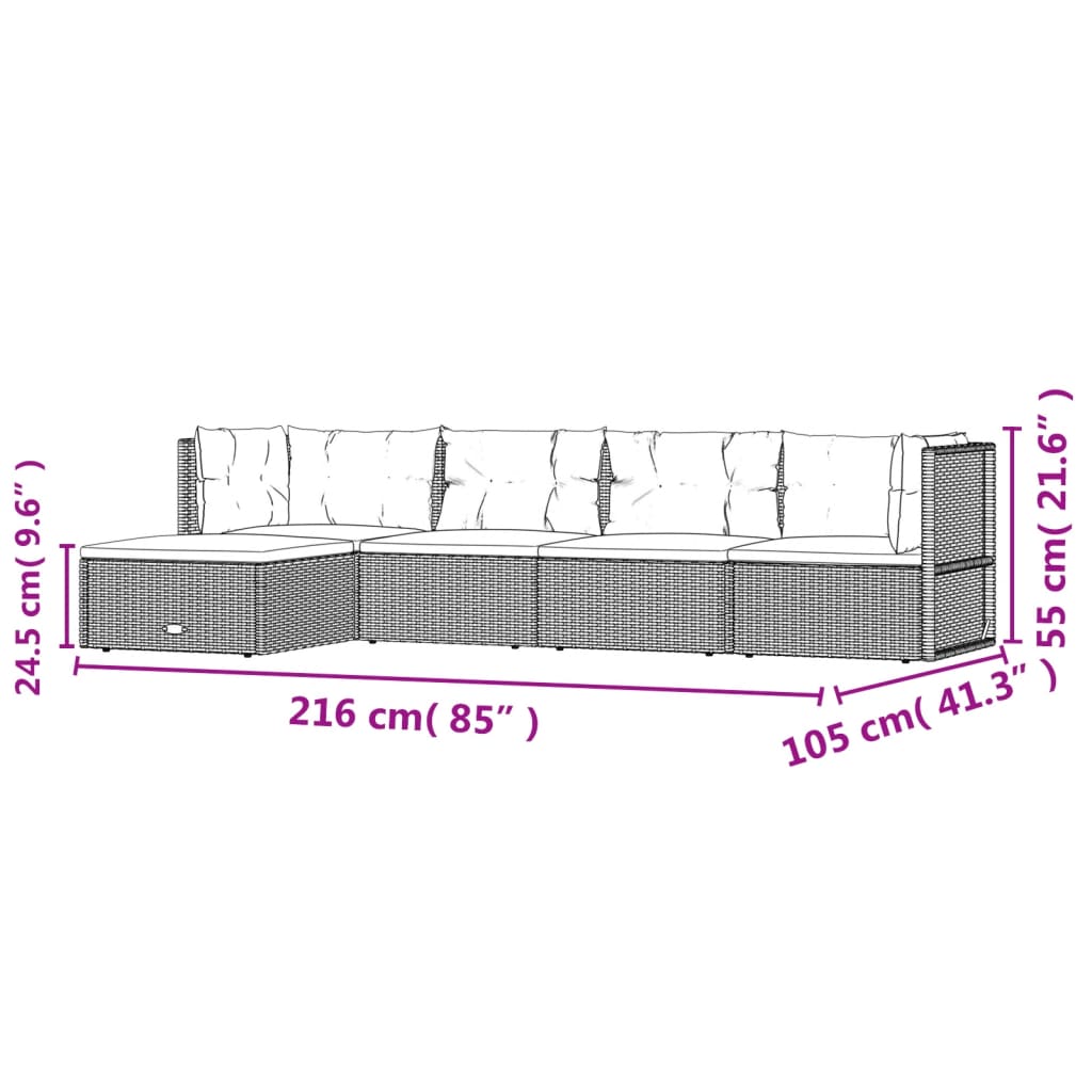 vidaXL 5-cz. zestaw wypoczynkowy do ogrodu, poduszki, czarny rattan PE