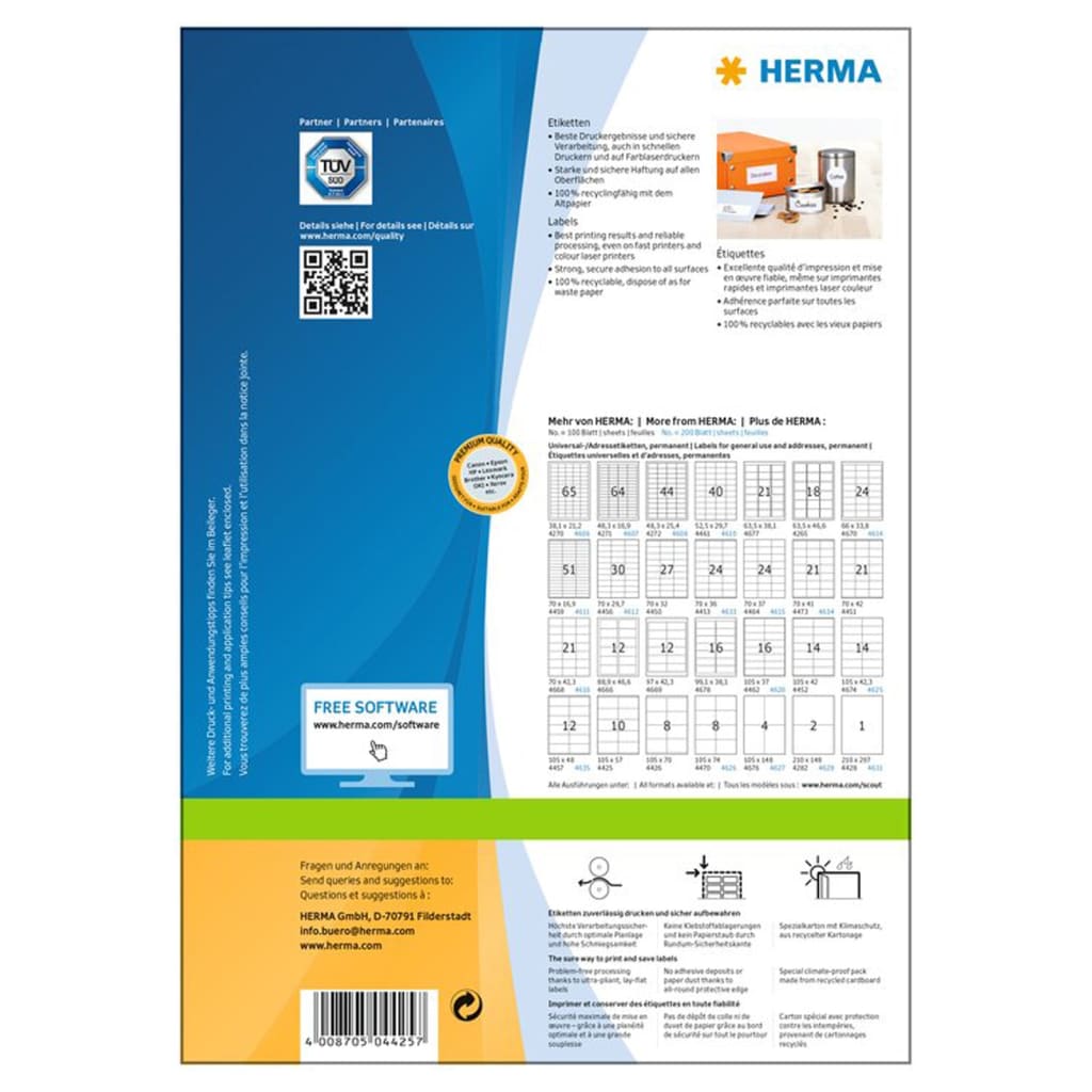 HERMA Etykiety samoprzylepne PREMIUM, 105x57 mm, 100 arkuszy A4