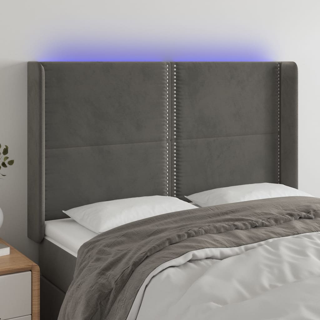 vidaXL Zagłówek do łóżka z LED, ciemnoszary, 147x16x118/128cm, aksamit