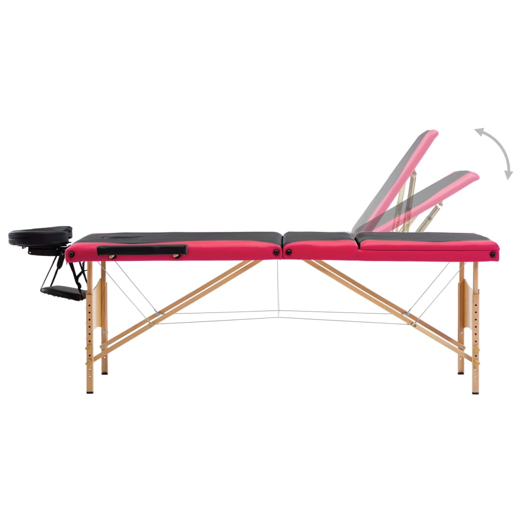 vidaXL Składany stół do masażu, 3-strefowy, drewniany, czarno-różowy