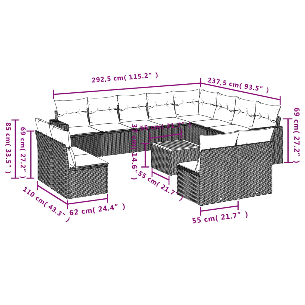 vidaXL 13-cz. zestaw mebli ogrodowych z poduszkami, beżowy, polirattan