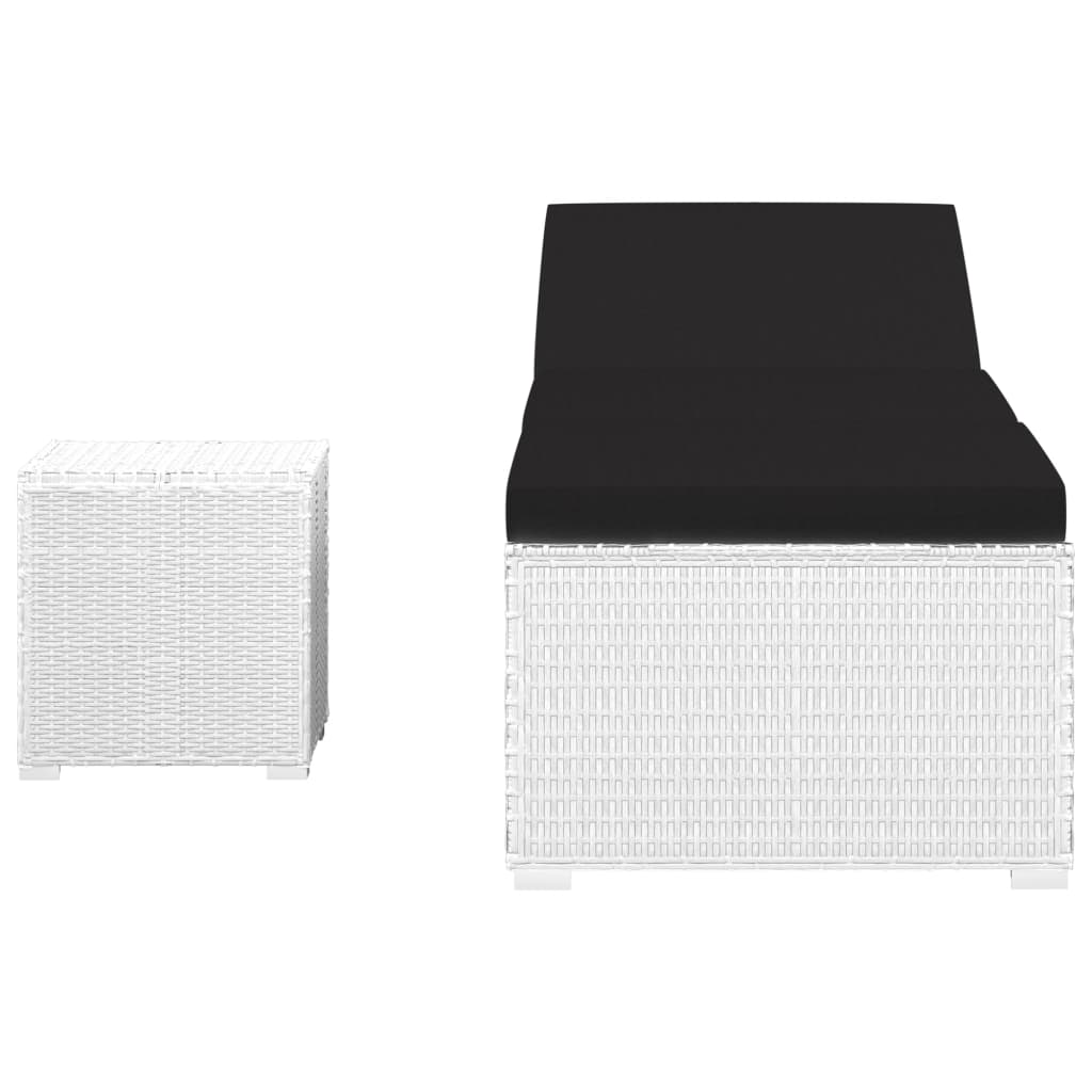 vidaXL Leżak z poduszką i stolikiem, polirattan, biały